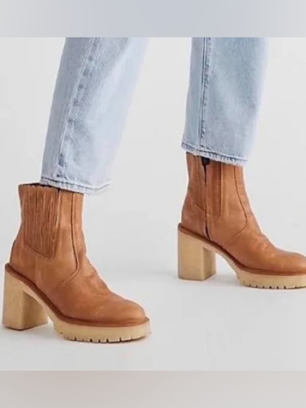 Free People Womens James Chelsea Leather Block Heel Boot Camel